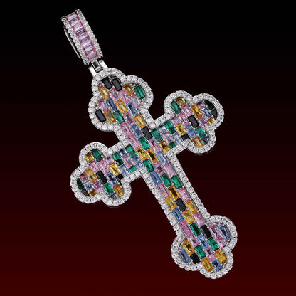 Color Buguette Gem Cluster Cross Pendant
