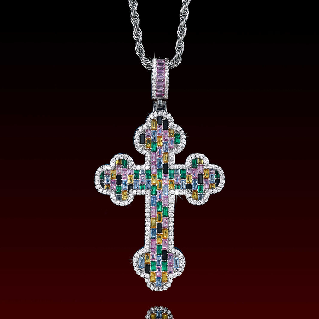 Color Buguette Gem Cluster Cross Pendant