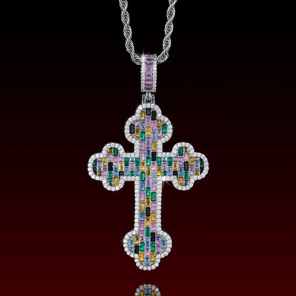 Color Buguette Gem Cluster Cross Pendant