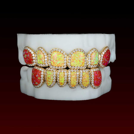 Pave Setting Multi-Colored Opal Custom Moissanite Grillz
