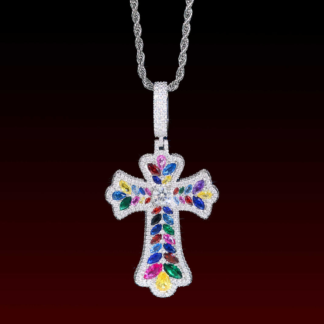 Muti Color Gem Cluster Cross Pendant