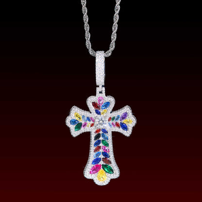 Muti Color Gem Cluster Cross Pendant