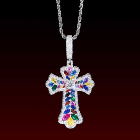 Muti Color Gem Cluster Cross Pendant