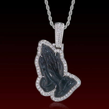 Black Jade Pray Hand Iced Out Pendant