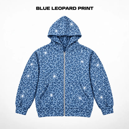 Rhinestone Leopard Print Heavyweight Zip-Up Hoodie