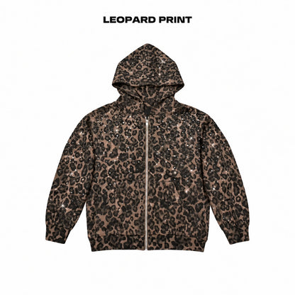Rhinestone Leopard Print Heavyweight Zip-Up Hoodie