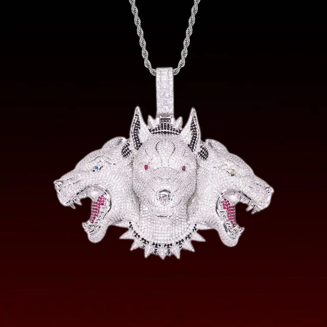 Cerberus Three-Headed Wolf Iced Out Pendant