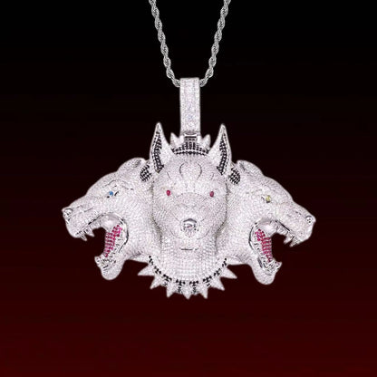 Cerberus Three-Headed Wolf Iced Out Pendant