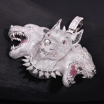 Cerberus Three-Headed Wolf Iced Out Pendant