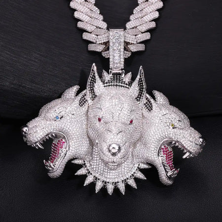 Cerberus Three-Headed Wolf Iced Out Pendant
