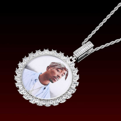 Baguette Cut Round Photo Pendant