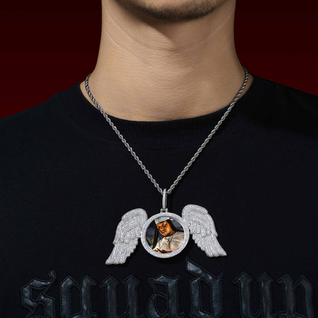 Photo With Angel Wings Custom Moissanite Pendant