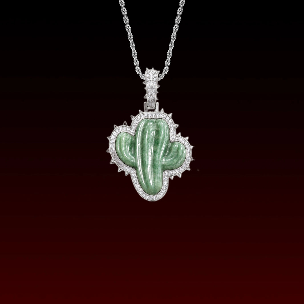 Natural Jade Cactus Iced Out Pendant