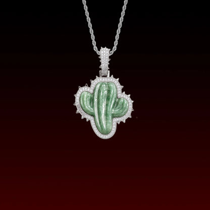 Natural Jade Cactus Iced Out Pendant