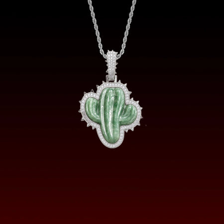 Natural Jade Cactus Iced Out Pendant