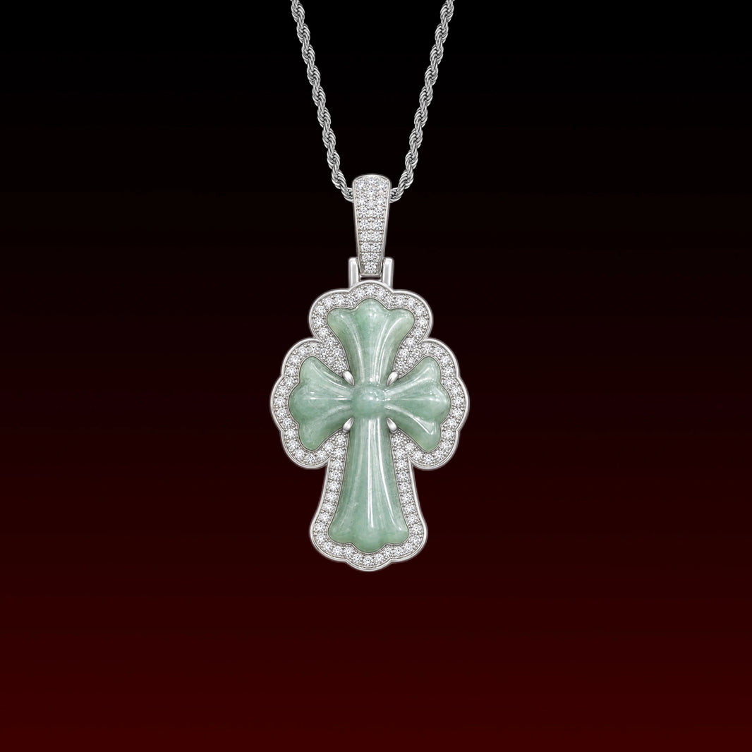 Natural Jade Cross Iced Out Pendant