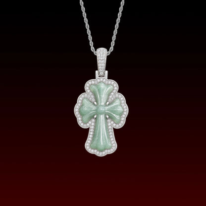 Natural Jade Cross Iced Out Pendant