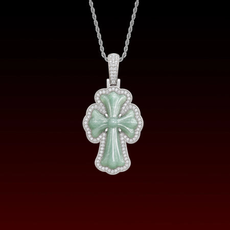 Natural Jade Cross Iced Out Pendant