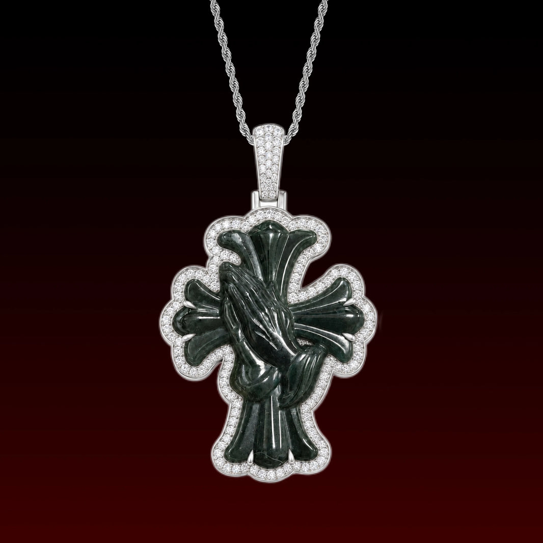 Natural Jade Pray Hand Cross Pendant