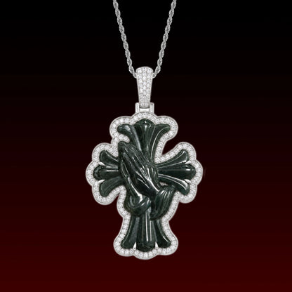 Natural Jade Pray Hand Cross Pendant