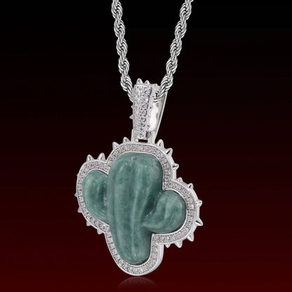 Natural Jade Cactus Iced Out Pendant