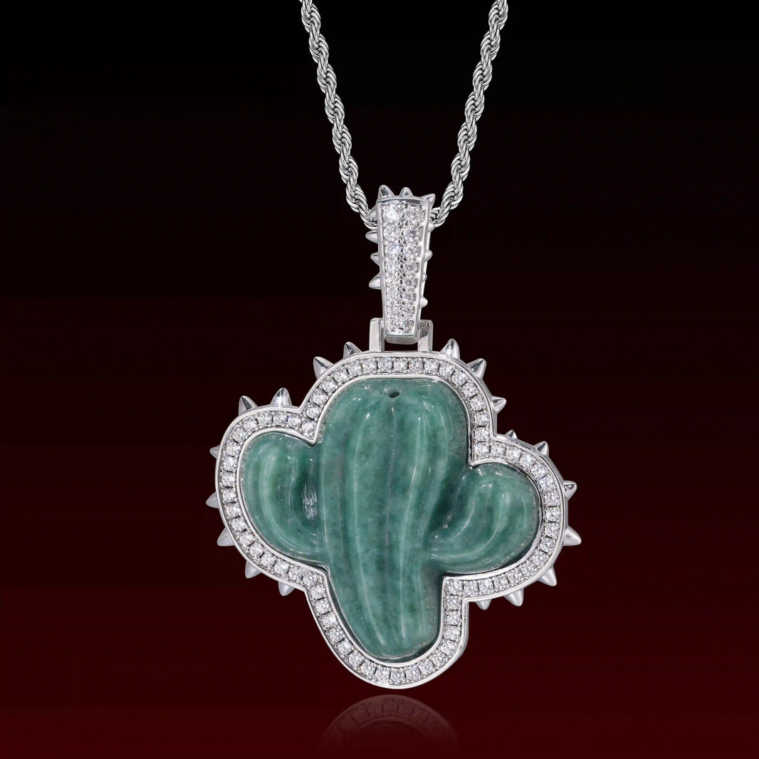 Natural Jade Cactus Iced Out Pendant