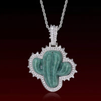 Natural Jade Cactus Iced Out Pendant