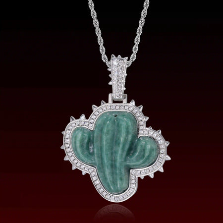 Natural Jade Cactus Iced Out Pendant