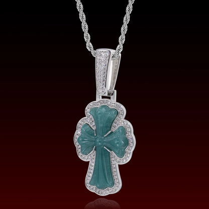 Natural Jade Cross Iced Out Pendant