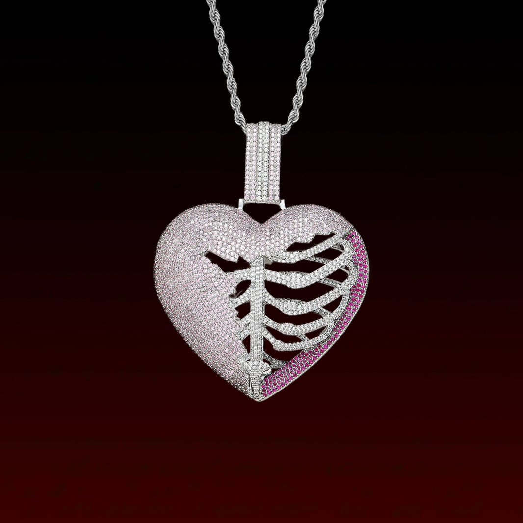 Pink Skeleton Heart Iced Out Pendant