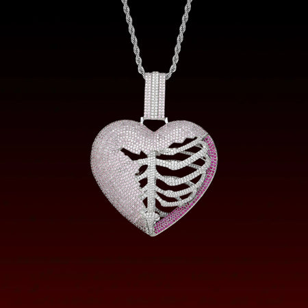 Pink Skeleton Heart Iced Out Pendant