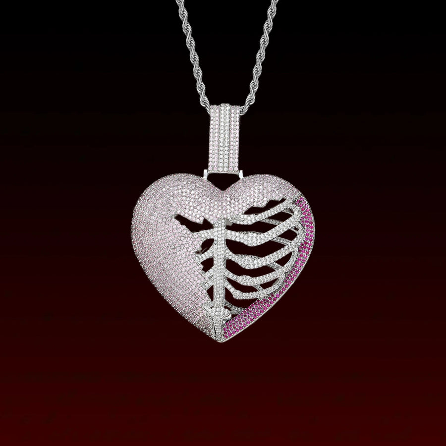 Pink Skeleton Heart Iced Out Pendant