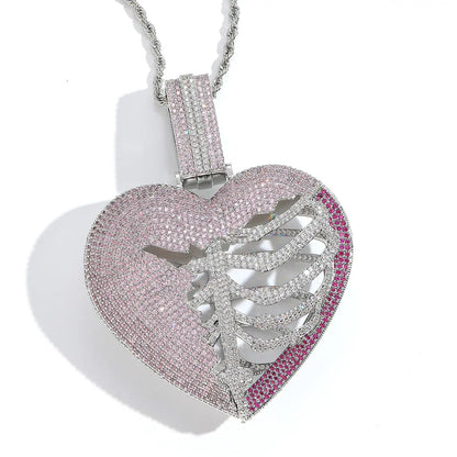 Pink Skeleton Heart Iced Out Pendant