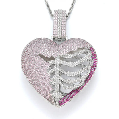 Pink Skeleton Heart Iced Out Pendant
