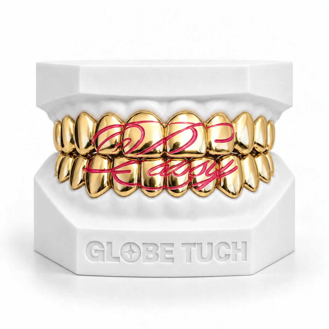Pink enamel Script Custom Grillz