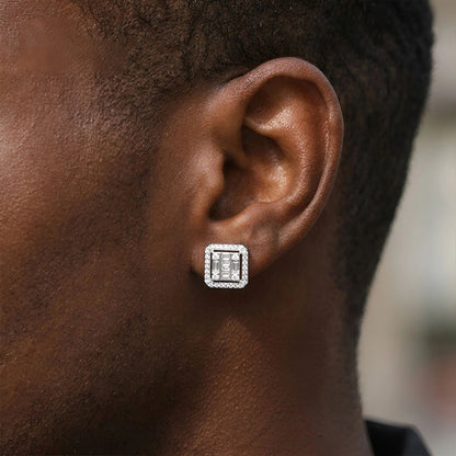 S925 Baguette Square Halo Stud Earrings