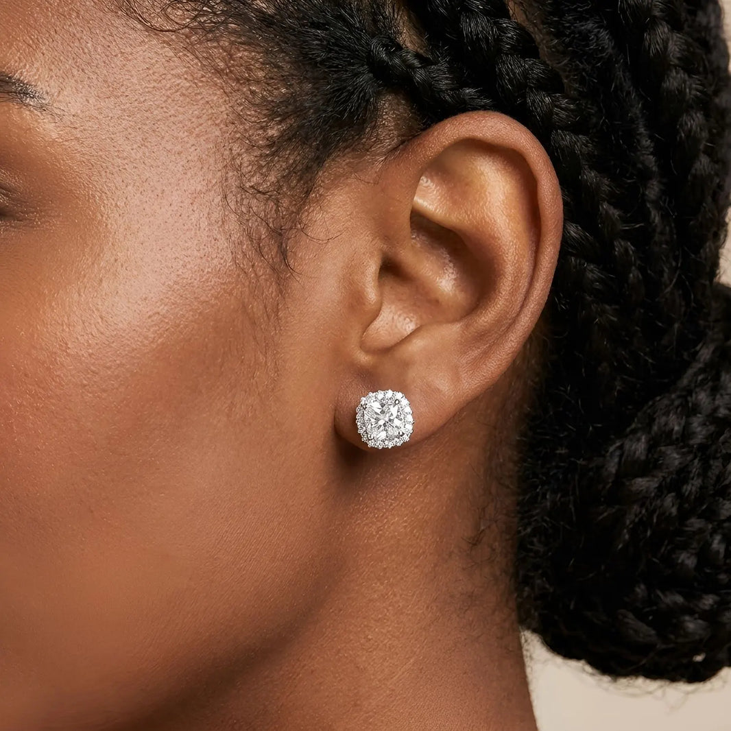 S925 Cushion Cut Halo Stud Earrings