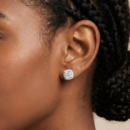 S925 Cushion Cut Halo Stud Earrings