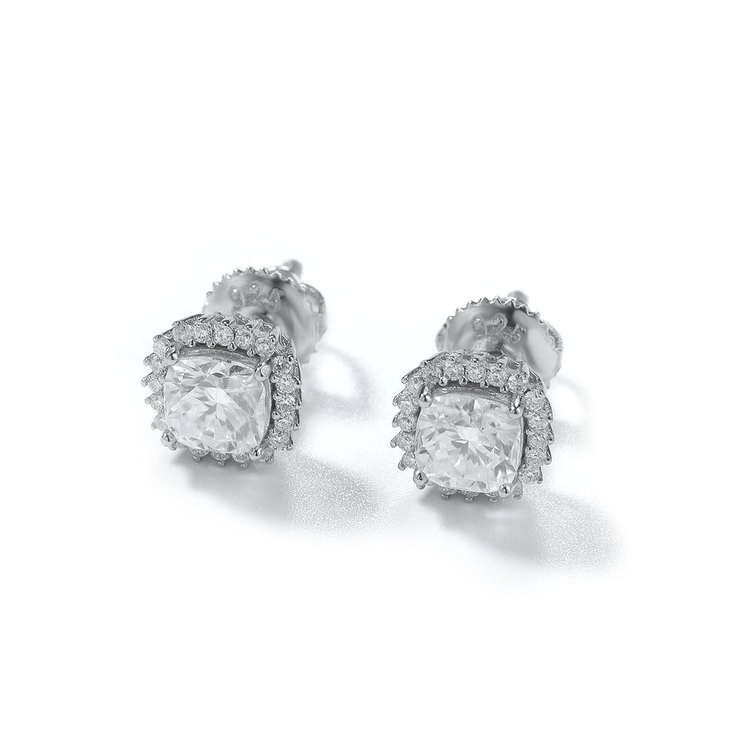 S925 Cushion Cut Halo Stud Earrings