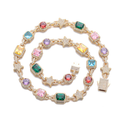 Star Mix Color Gemstone Iced Out Chain