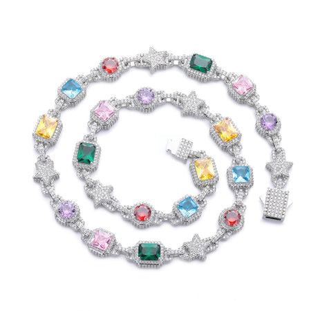 Star Mix Color Gemstone Iced Out Chain