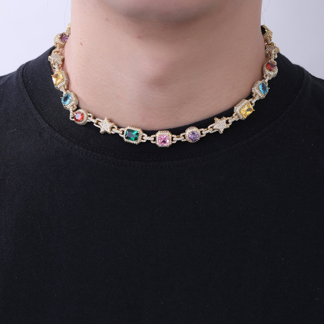 Star Mix Color Gemstone Iced Out Chain