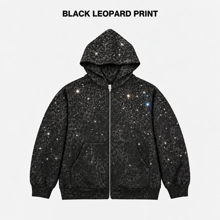 Rhinestone Leopard Print Heavyweight Zip-Up Hoodie