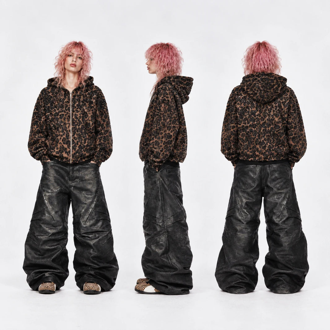 Rhinestone Leopard Print Heavyweight Zip-Up Hoodie