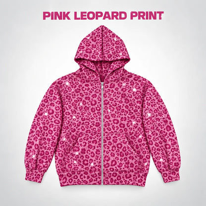 Rhinestone Leopard Print Heavyweight Zip-Up Hoodie